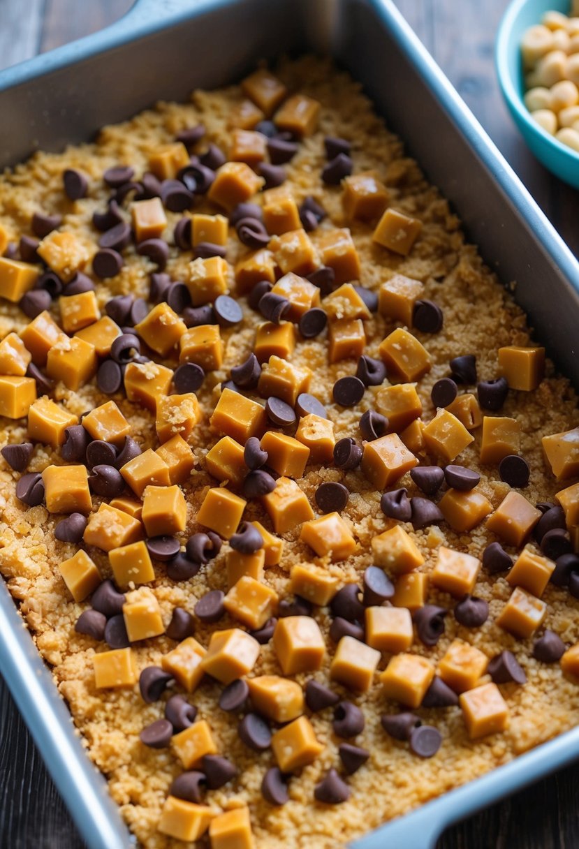 Melted butter and graham cracker crumbs mixed together in a pan, topped with toffee and chocolate chips, then baked until golden and bubbly