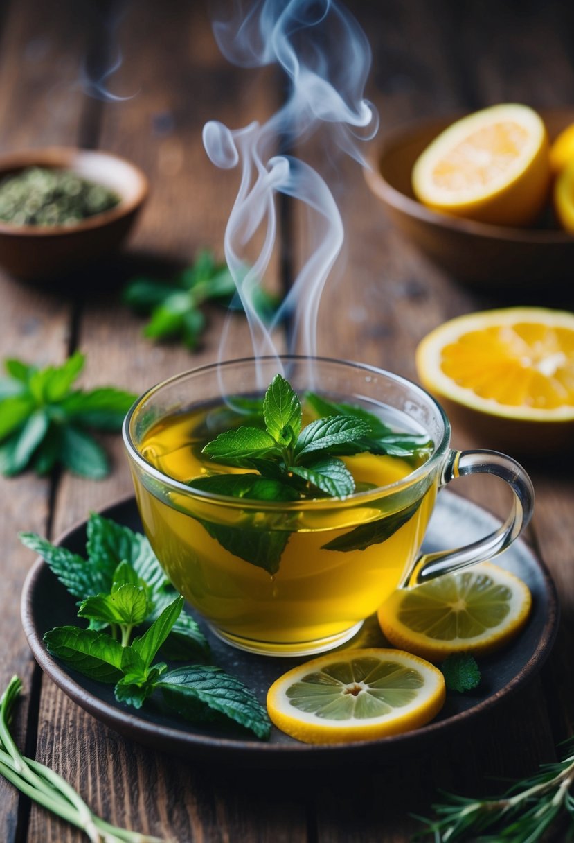 A steaming cup of peppermint lemongrass tea surrounded by fresh herbs and citrus slices on a rustic wooden table