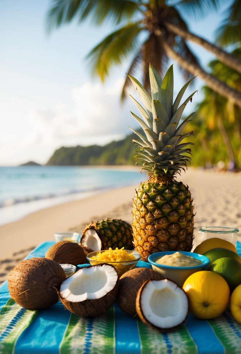 A tropical beach setting with a table filled with fresh pineapples, coconuts, and various ingredients for making dinner smoothies