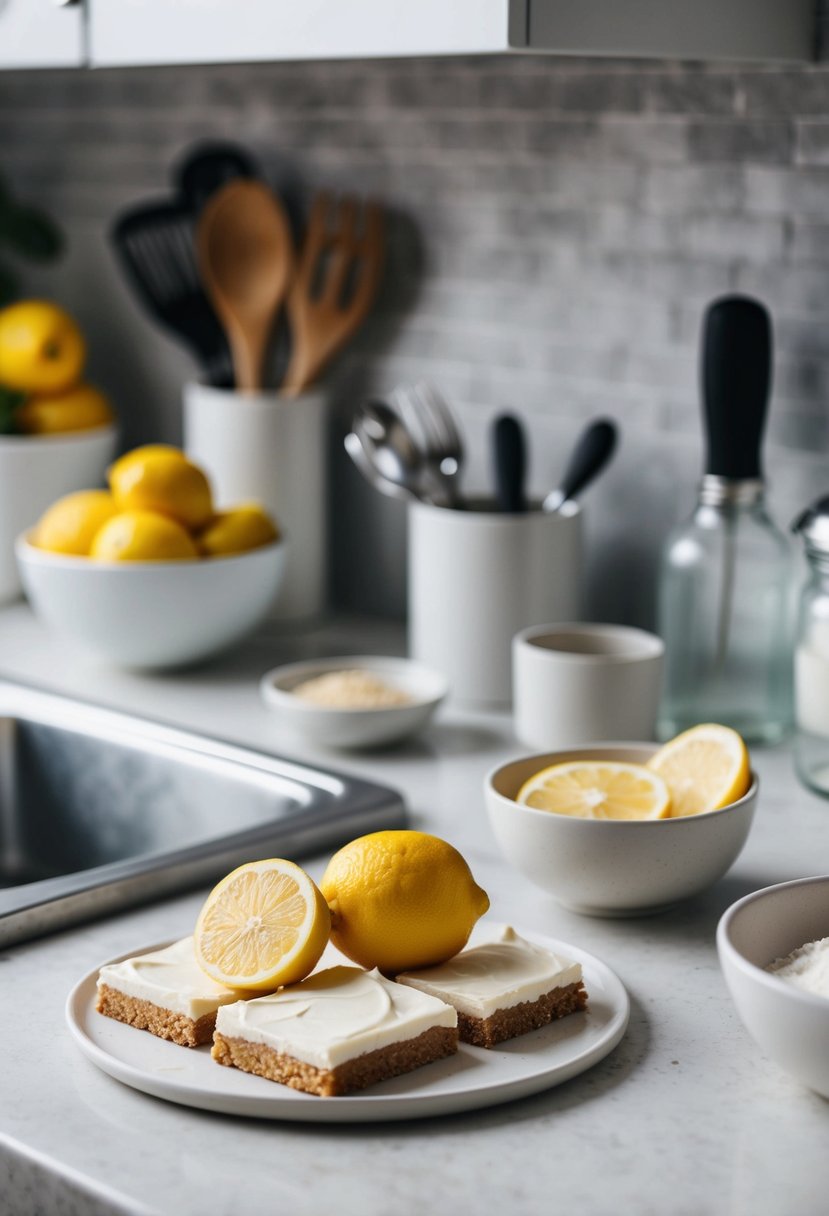 A kitchen counter with ingredients and utensils for making lemon bars with a graham cracker base