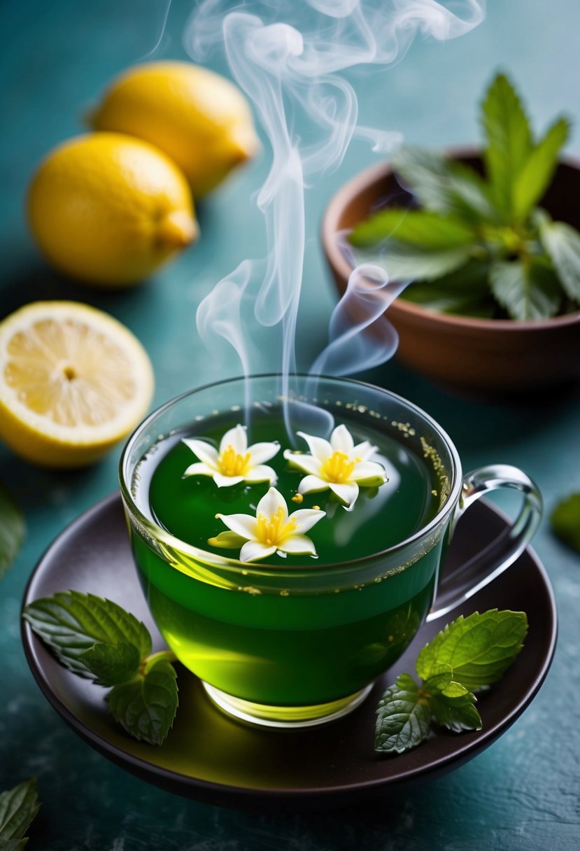 A steaming cup of green tea with jasmine flowers floating on the surface, surrounded by fresh ingredients like lemons and mint leaves