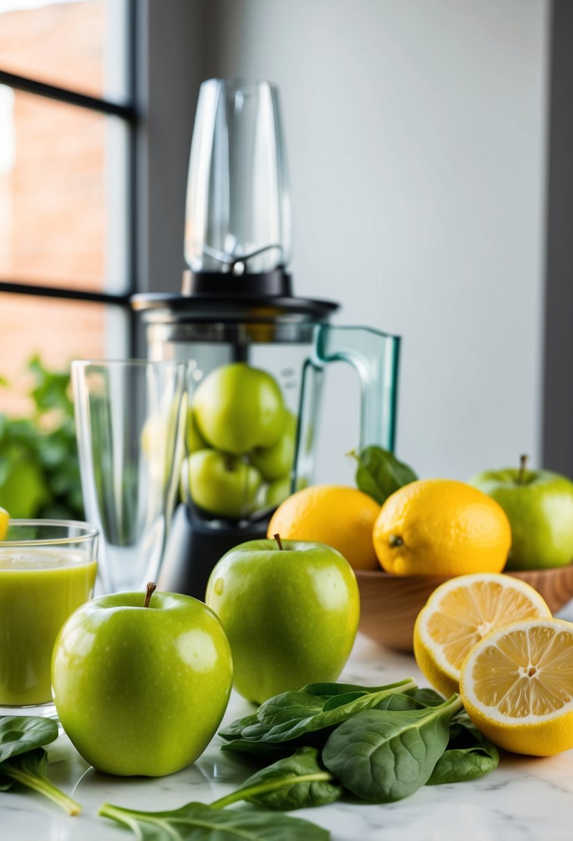 A table set with fresh green apples, zesty lemons, and vibrant spinach next to a blender and glasses