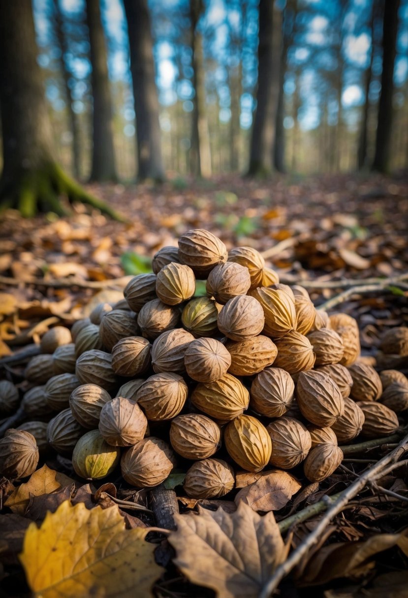 A pile of shagbark hickory nuts surrounded by fallen leaves and twigs in a forest clearing