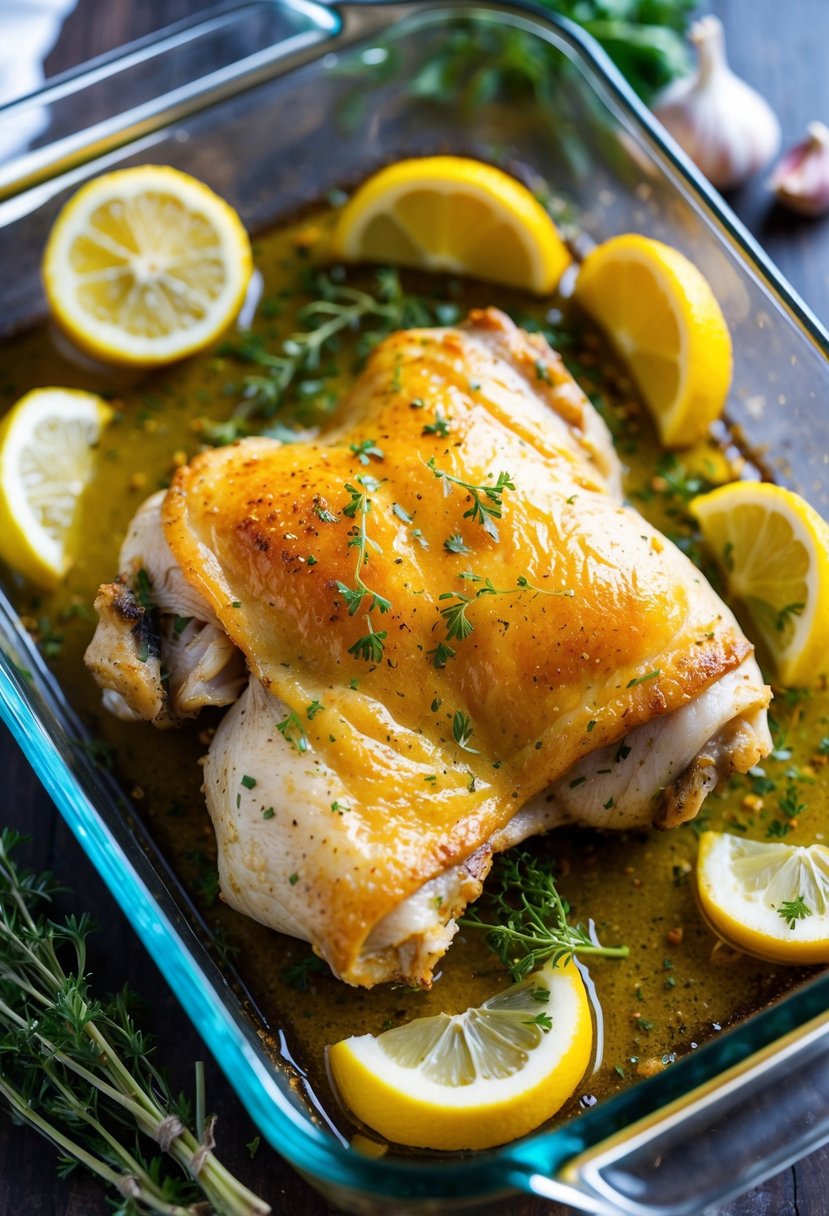 A golden-brown skinless chicken thigh baking in a glass dish surrounded by herbs, garlic, and lemon slices