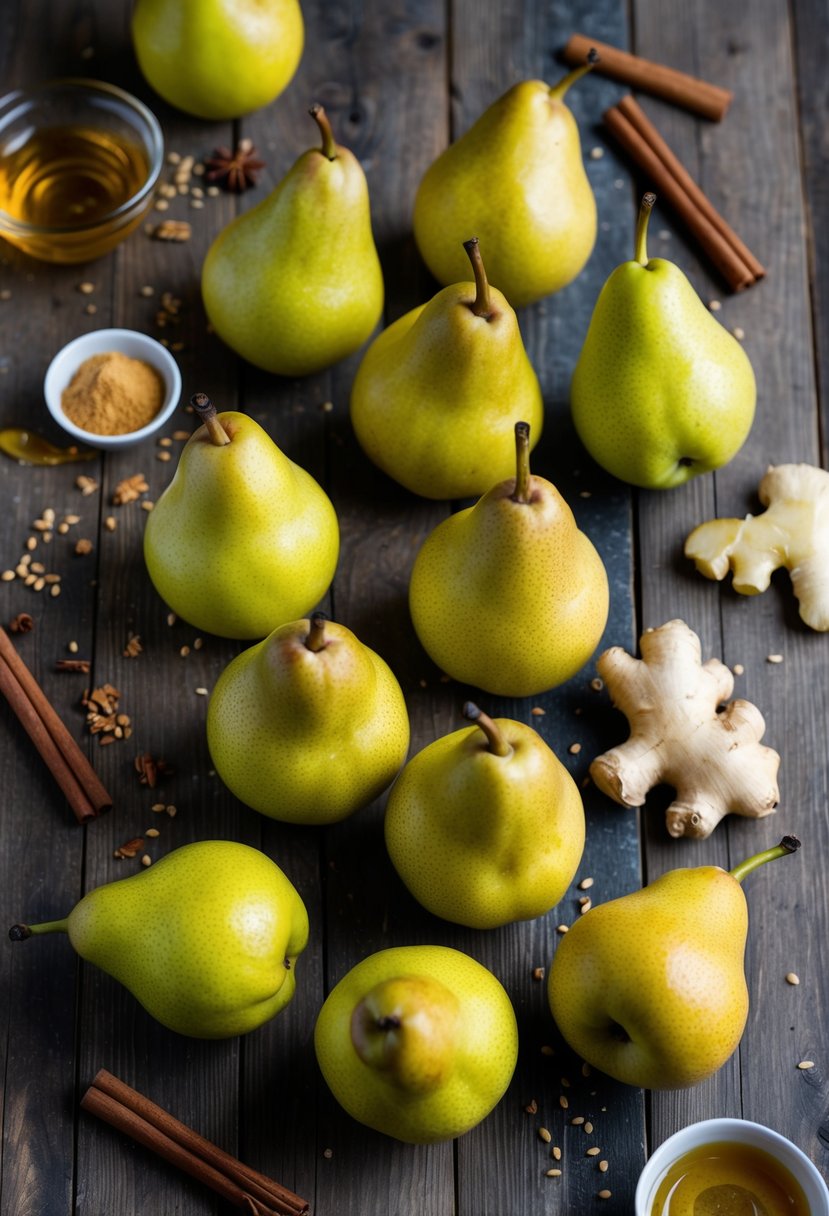 An array of ripe Asian pears arranged on a rustic wooden table, surrounded by scattered ingredients such as cinnamon sticks, ginger, and honey