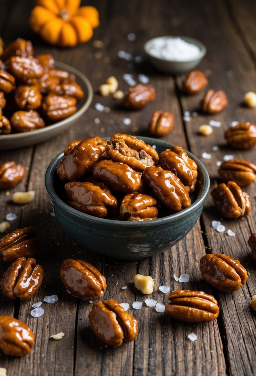 A rustic wooden table scattered with shagbark hickory nuts coated in a glossy candied glaze, surrounded by scattered nut recipes and ingredients