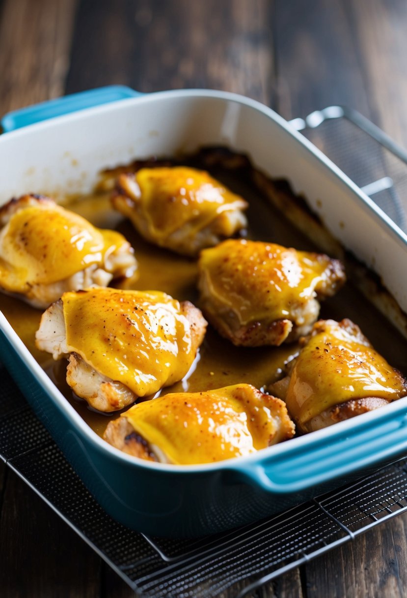 A baking dish filled with golden brown honey mustard glazed chicken thighs, fresh out of the oven