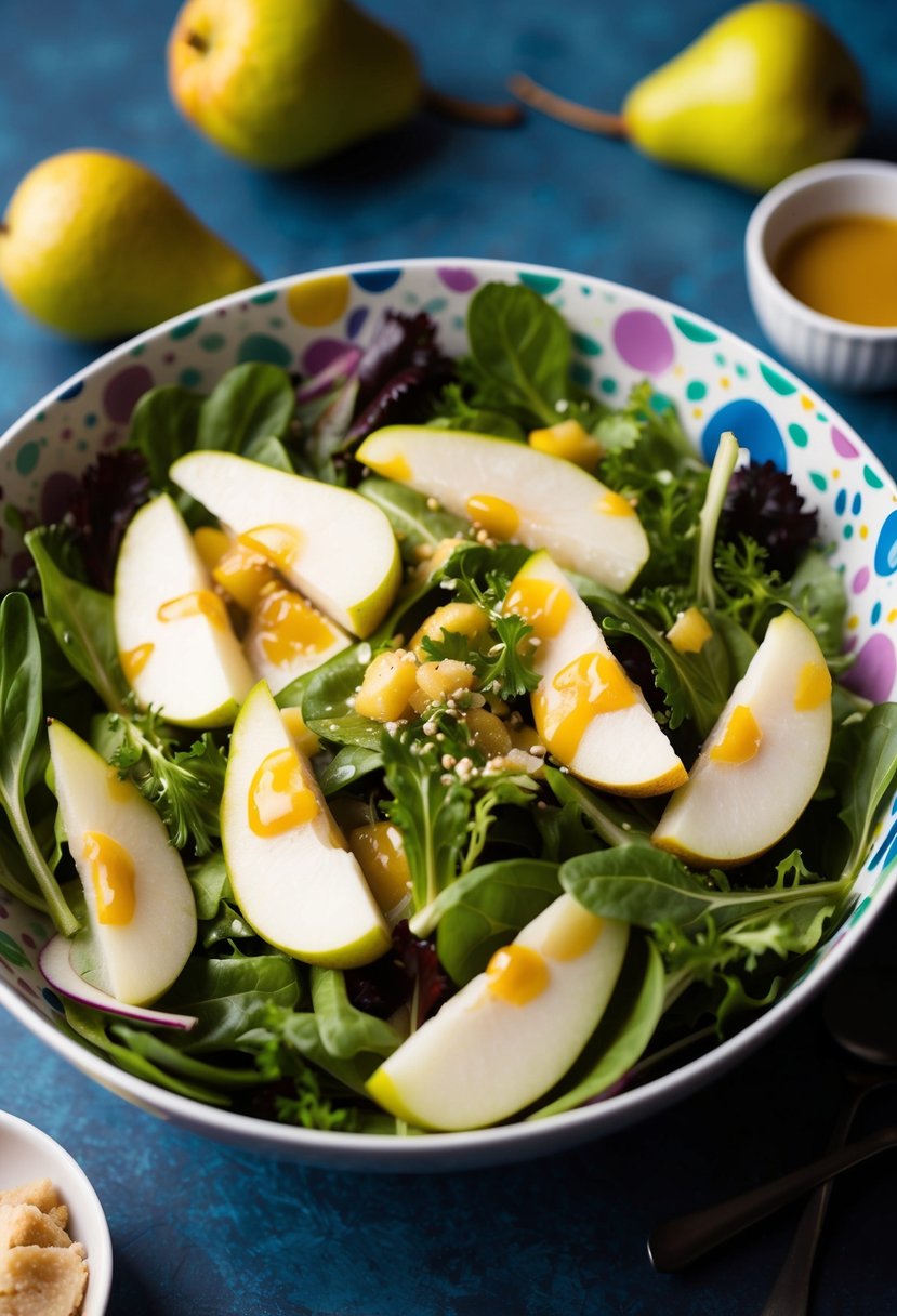 A colorful salad bowl with sliced Asian pears, mixed greens, and drizzled with ginger vinaigrette