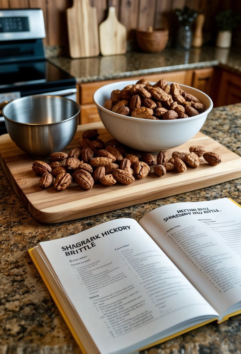 A rustic kitchen countertop with a wooden cutting board piled with shagbark hickory nuts, a mixing bowl, and a recipe book open to a page for shagbark hickory nut brittle