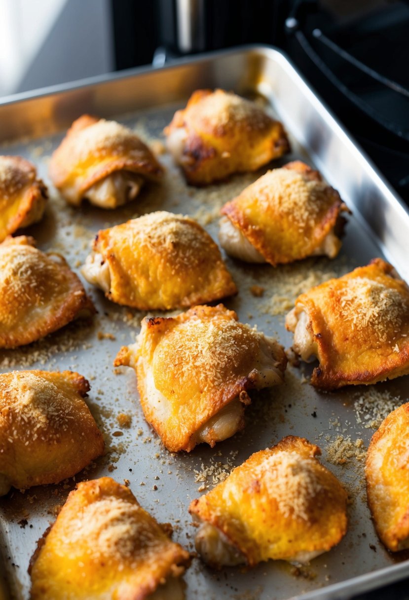 A baking sheet with golden-brown, crispy chicken thighs coated in a garlic parmesan seasoning, fresh out of the oven