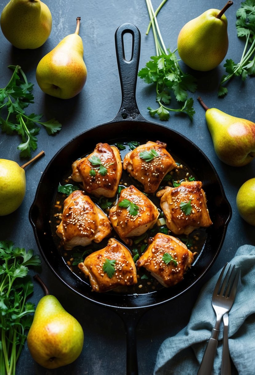 A sizzling skillet of soy-glazed Asian pear chicken surrounded by fresh Asian pears and vibrant green herbs