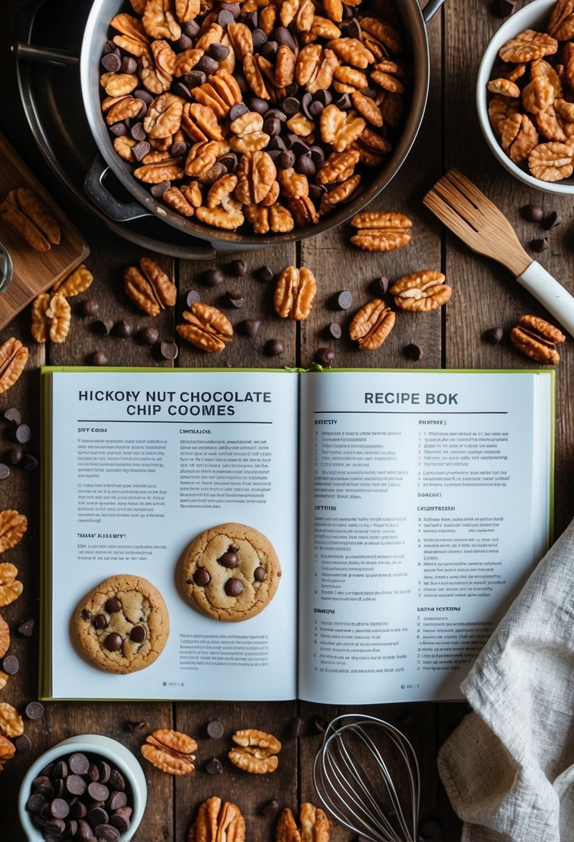 A rustic kitchen with a wooden table covered in hickory nuts and chocolate chips, surrounded by baking utensils and a recipe book open to a page for hickory nut chocolate chip cookies