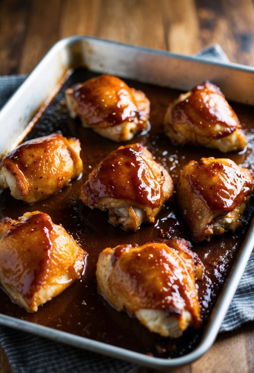 A baking tray filled with golden-brown, skinless chicken thighs coated in sticky BBQ sauce, surrounded by sizzling juices