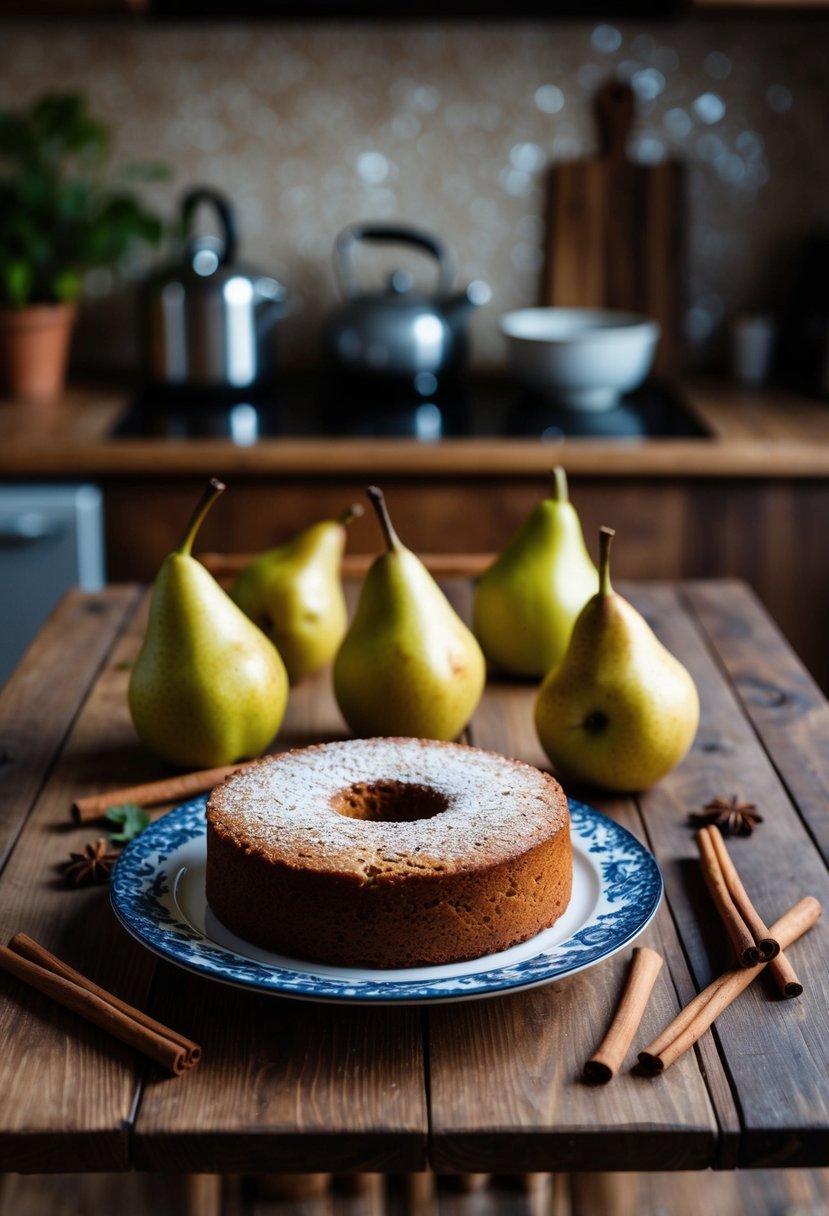 A rustic kitchen with a wooden table set with a spiced Asian pear cake surrounded by fresh Asian pears and cinnamon sticks