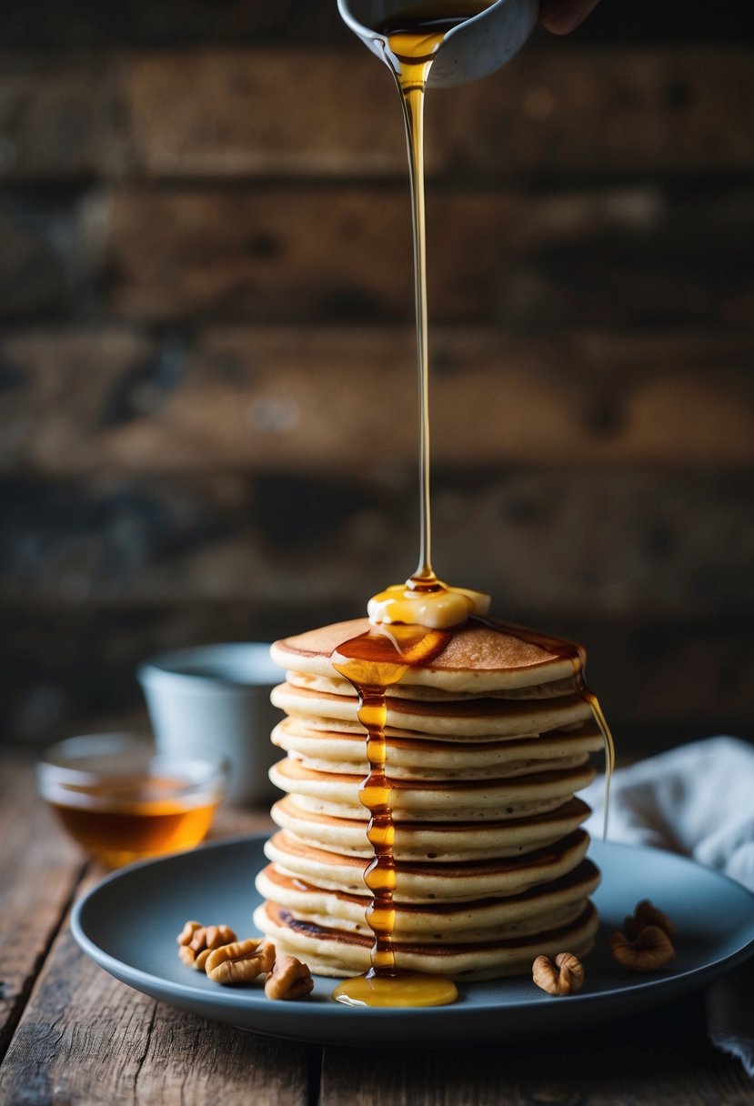 A stack of shagbark hickory nut pancakes drizzled with syrup on a rustic wooden table