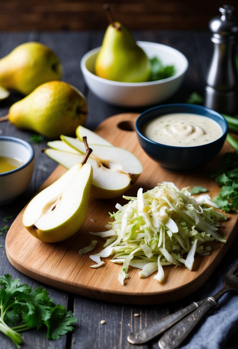 A wooden cutting board with sliced Asian pears, shredded cabbage, and a bowl of dressing, surrounded by fresh ingredients and kitchen utensils