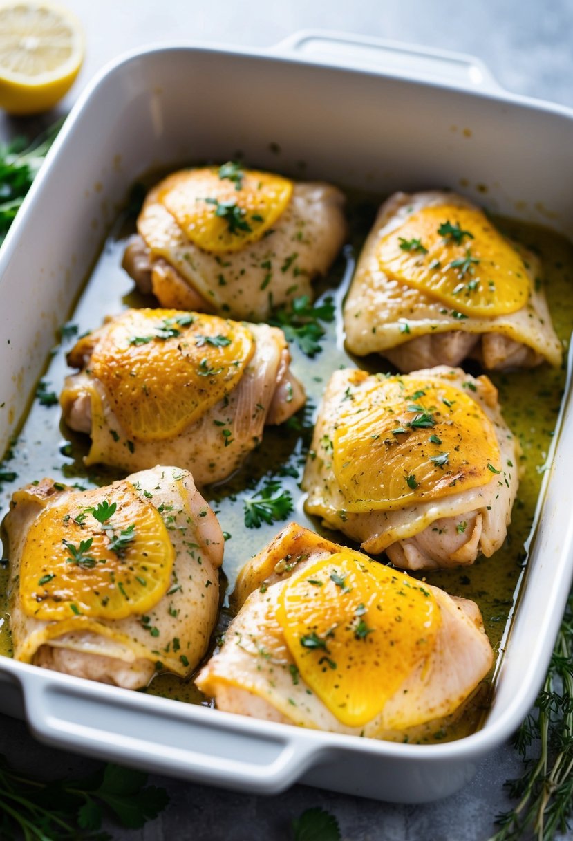 A baking dish filled with golden-brown, skinless chicken thighs coated in a zesty lemon herb marinade, surrounded by sprigs of fresh herbs