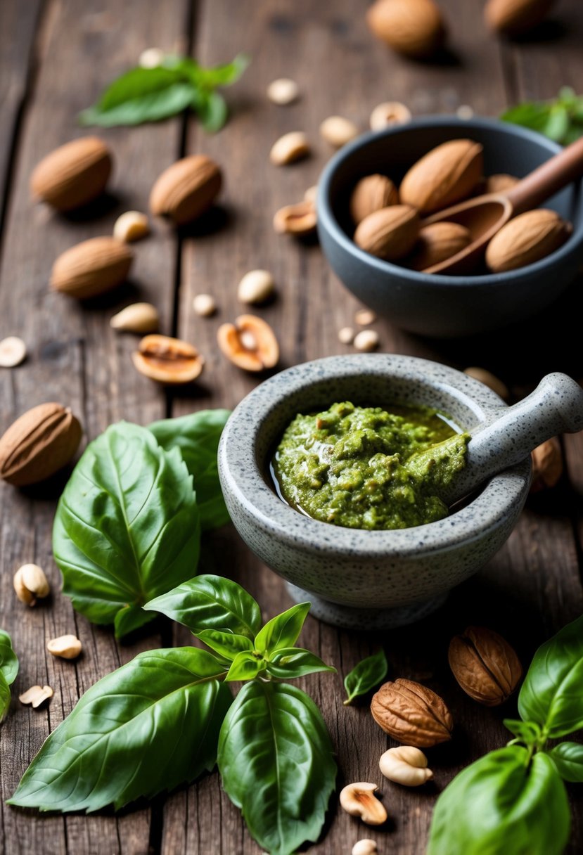 A rustic wooden table with scattered shagbark hickory nuts, fresh basil leaves, and a mortar and pestle for making hickory nut pesto