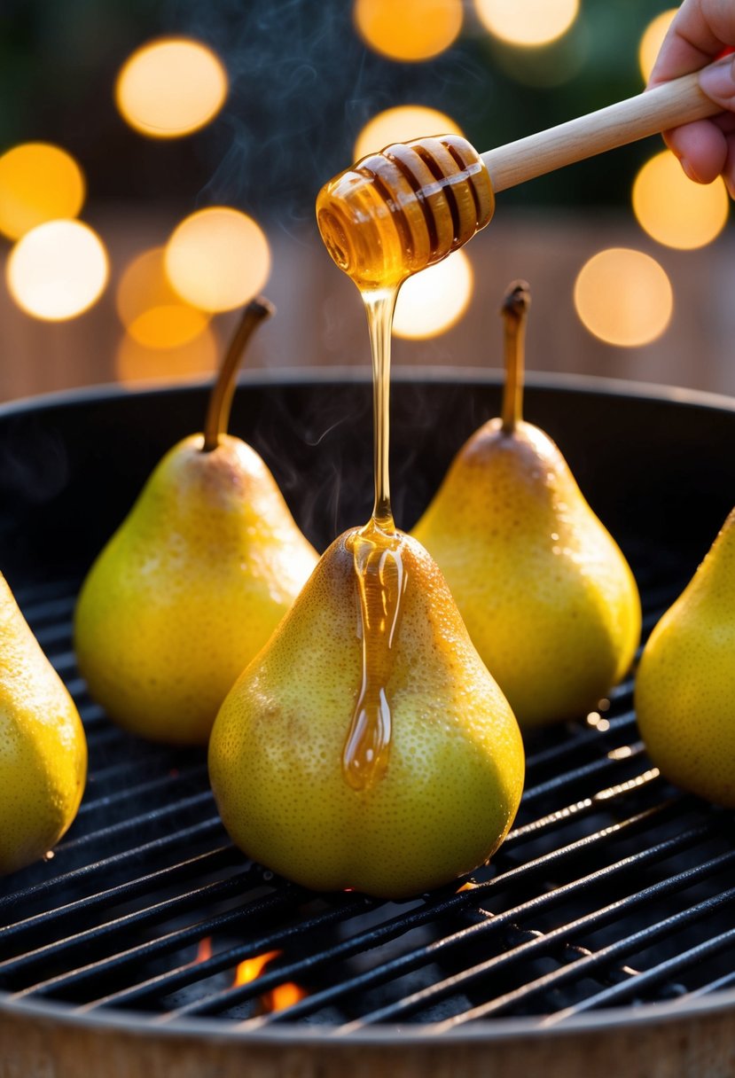 Ripe Asian pears sizzling on a grill, honey drizzling over them, surrounded by a warm, inviting atmosphere