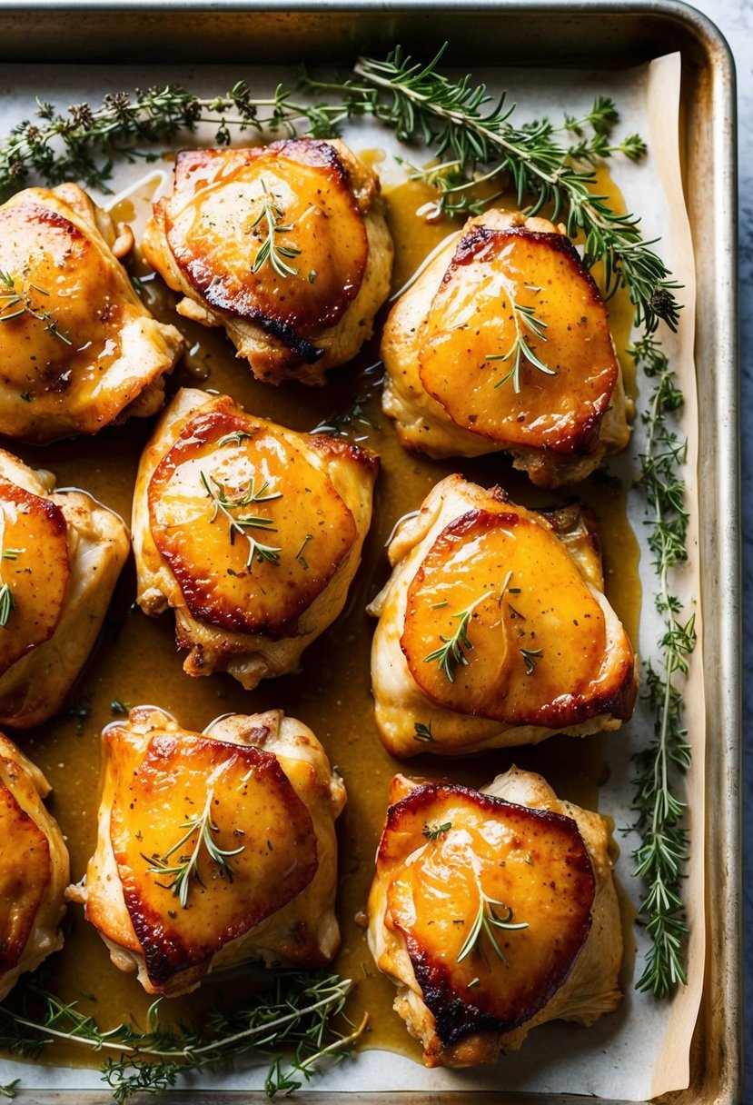 Golden brown chicken thighs baking in a maple dijon glaze, surrounded by sprigs of fresh rosemary and thyme on a parchment-lined baking sheet