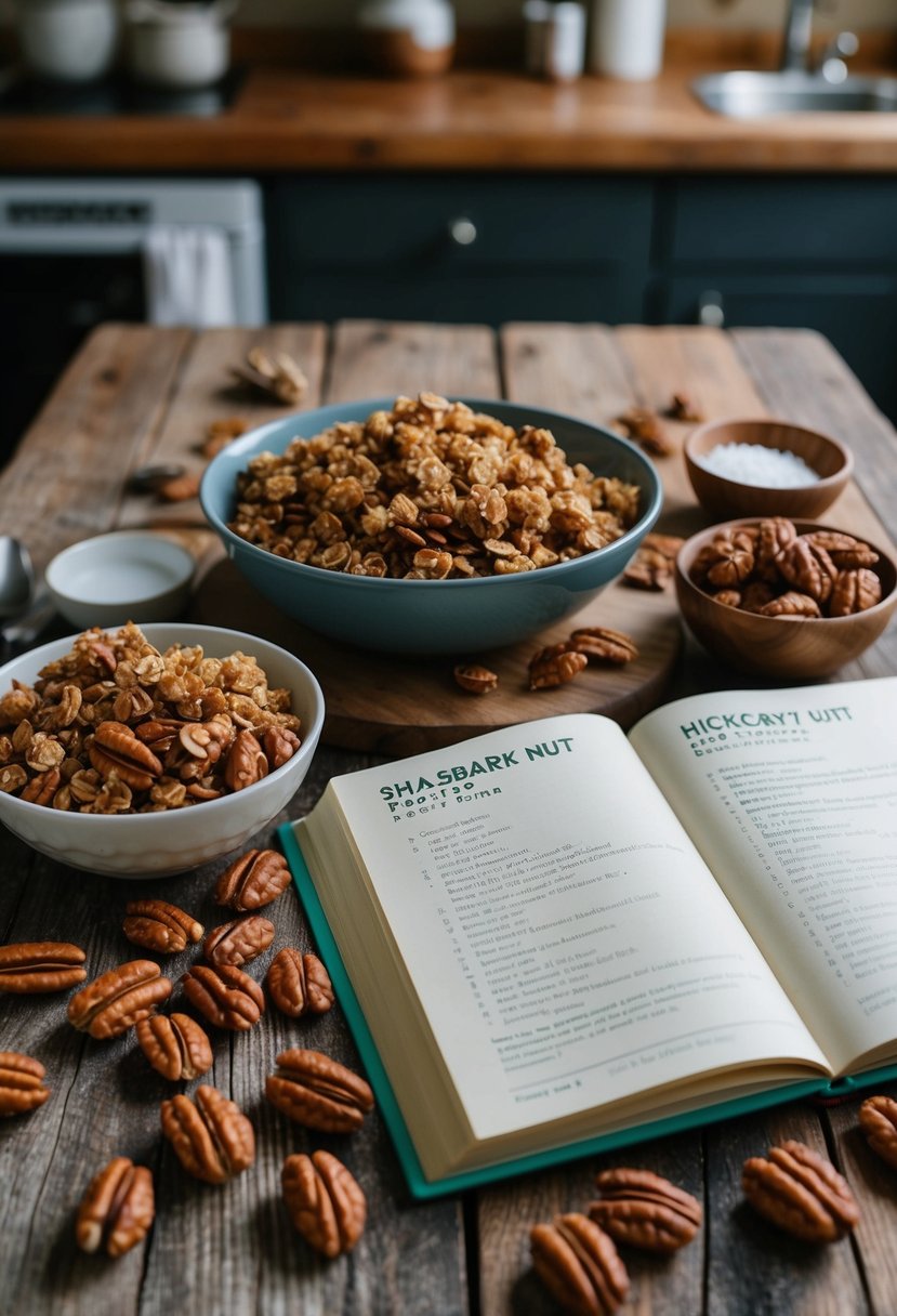 A rustic kitchen table covered in hickory nut granola and shagbark hickory nuts, with a recipe book open to hickory nut recipes