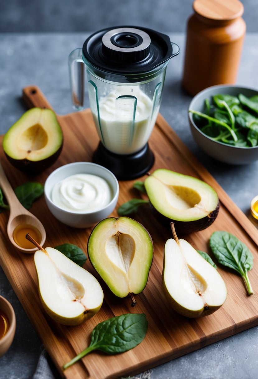 A wooden cutting board with halved asian pears, avocado, and a blender surrounded by fresh ingredients like spinach, yogurt, and honey