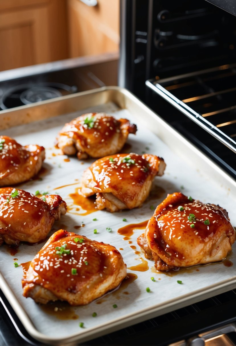 A baking tray lined with teriyaki glazed chicken thighs, ready to be placed in the oven