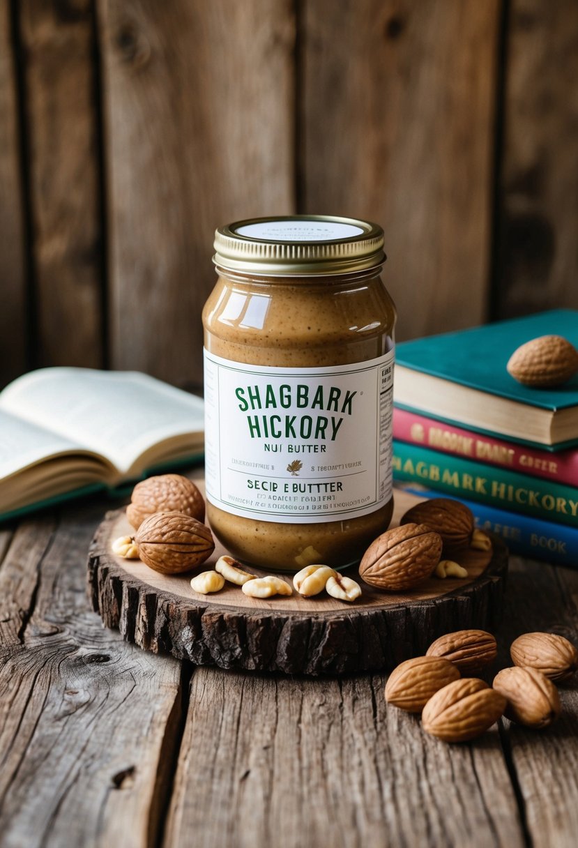 A rustic wooden table with a jar of Shagbark Hickory Nut Butter surrounded by shagbark hickory nuts and recipe books