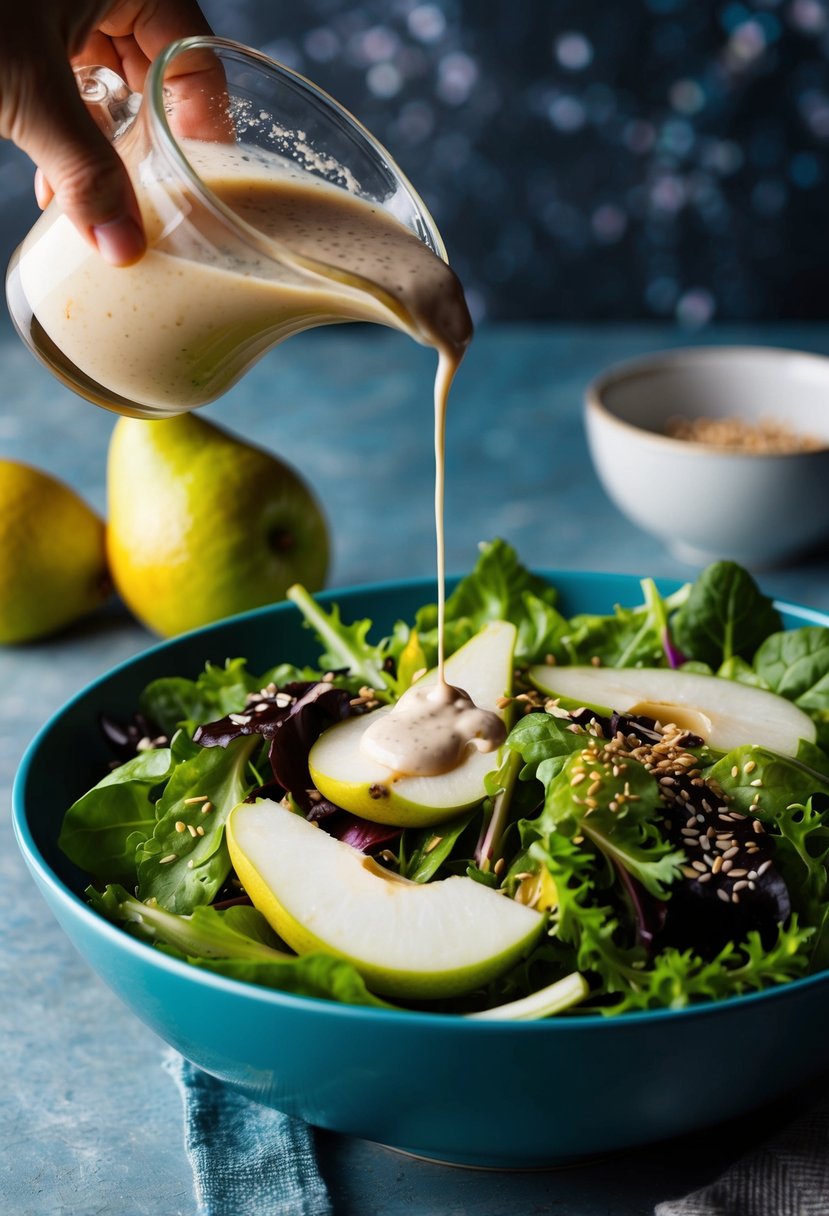 A bowl of miso-Asian pear dressing being drizzled over a colorful salad of mixed greens, sliced Asian pears, and toasted sesame seeds