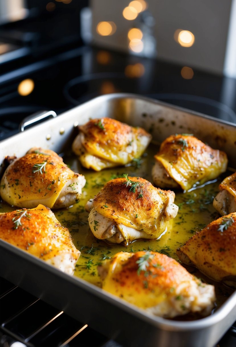 Chicken thighs coated in paprika, herbs, and olive oil, baking in a roasting pan in the oven