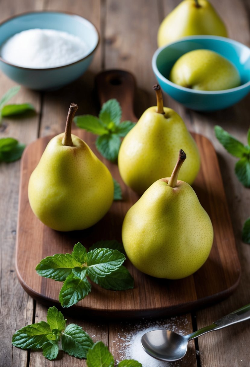 Ripe Asian pears on a wooden cutting board, surrounded by fresh mint leaves and a bowl of sugar, ready to be prepared for sorbet