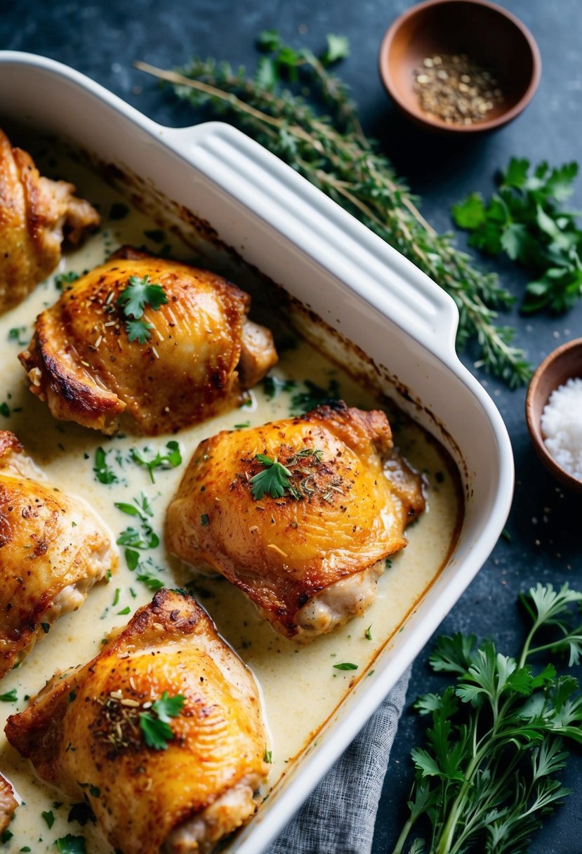 A baking dish filled with golden-brown chicken thighs coated in a creamy coconut milk sauce, surrounded by aromatic herbs and spices