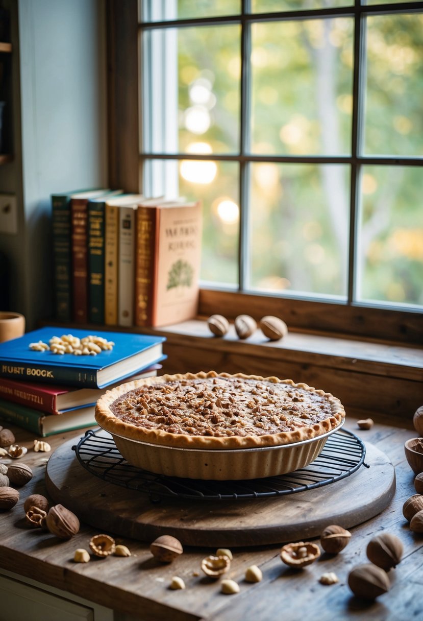 A rustic kitchen with a shagbark hickory nut pie cooling on the windowsill, surrounded by recipe books and scattered nutshells