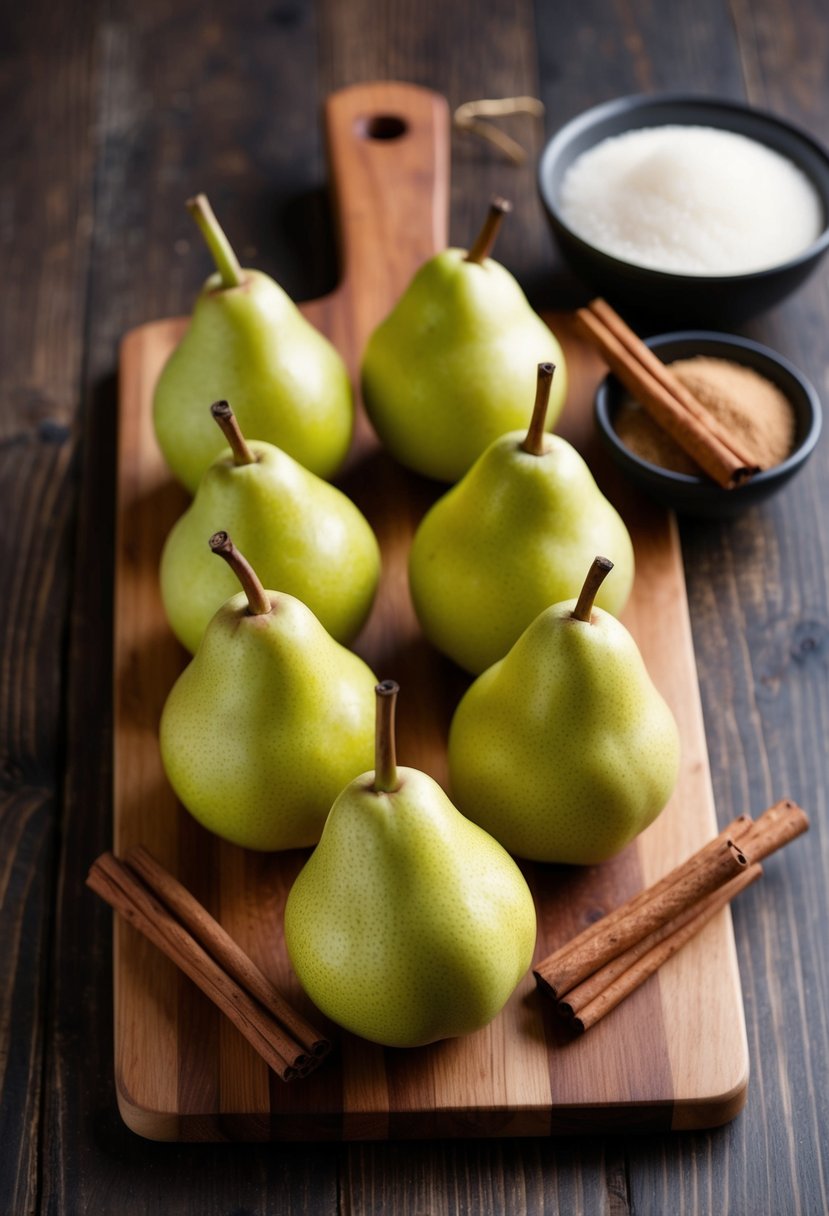 Fresh Asian pears arranged on a wooden cutting board, surrounded by cinnamon sticks and a bowl of sugar