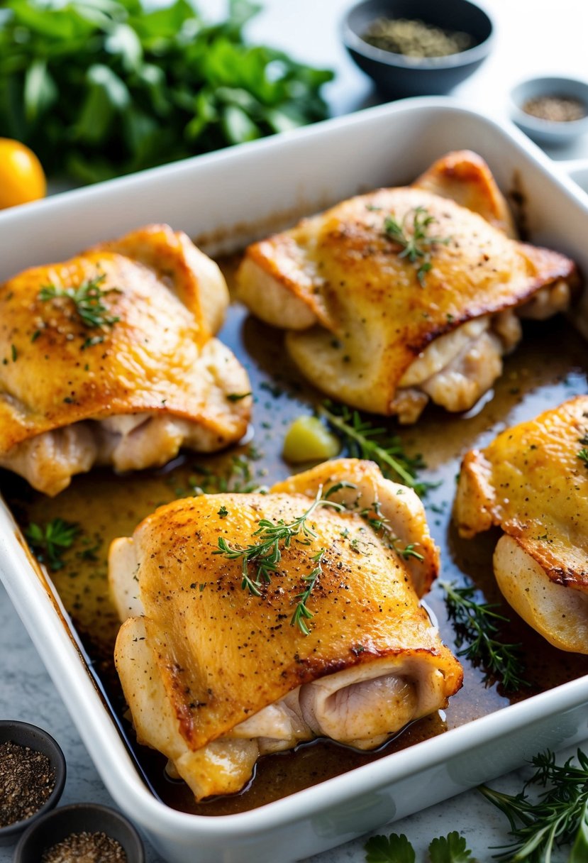 Golden-brown chicken thighs baking in the oven, surrounded by fresh Italian herbs and spices