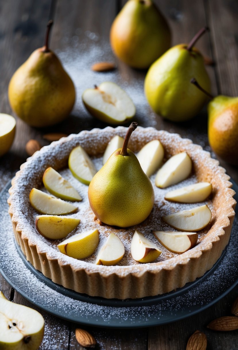 A freshly baked Asian Pear and Almond Tart sits on a rustic wooden table, surrounded by ripe asian pears, almond slices, and a dusting of powdered sugar