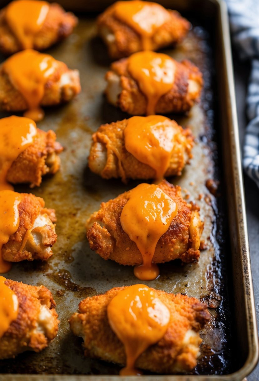 A tray of golden-brown, crispy chicken thighs, coated in buffalo sauce, fresh out of the oven