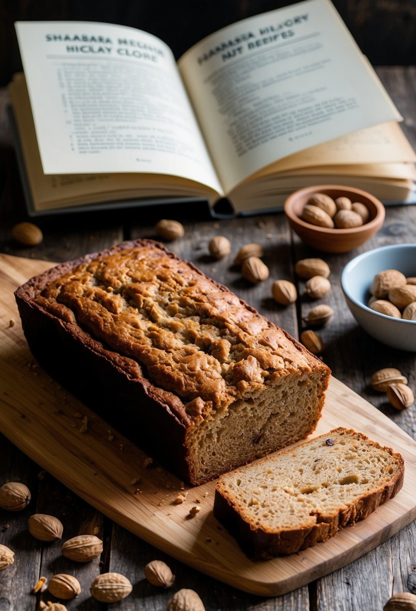 A rustic kitchen scene with a loaf of shagbark hickory nut bread cooling on a wooden cutting board, surrounded by scattered hickory nuts and a recipe book open to shagbark hickory nut recipes