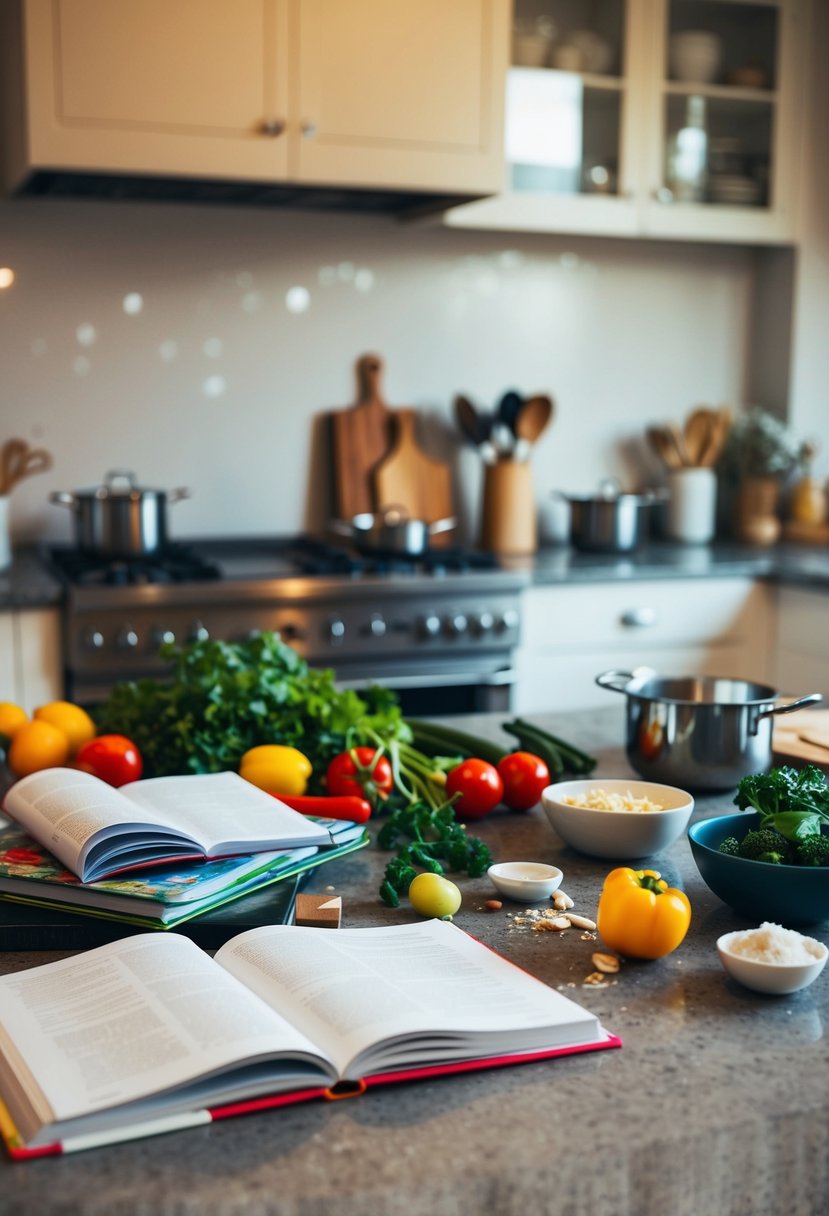 A cluttered kitchen counter with open cookbooks, scattered ingredients, and cooking utensils