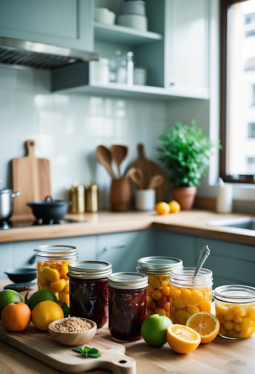 A kitchen counter with assorted fruit, jars, and cooking utensils for making jam