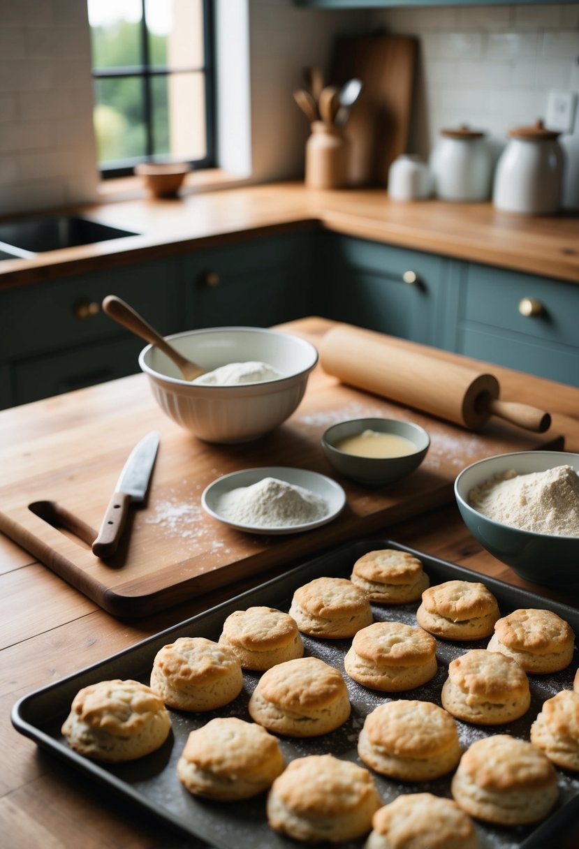 A rustic kitchen counter with a wooden cutting board, a rolling pin, a bowl of flour, and a tray of freshly baked buttermilk biscuits