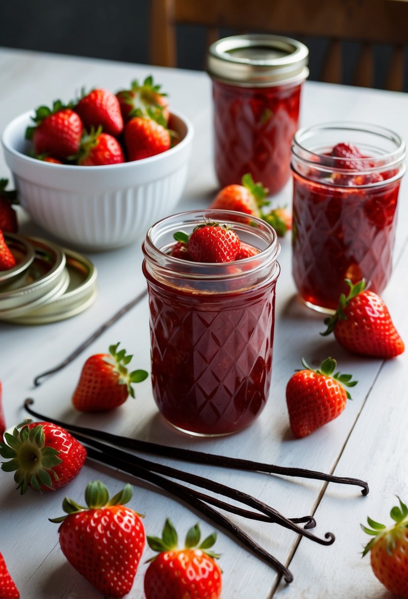 A table filled with fresh strawberries, vanilla beans, and glass jars ready for jam canning