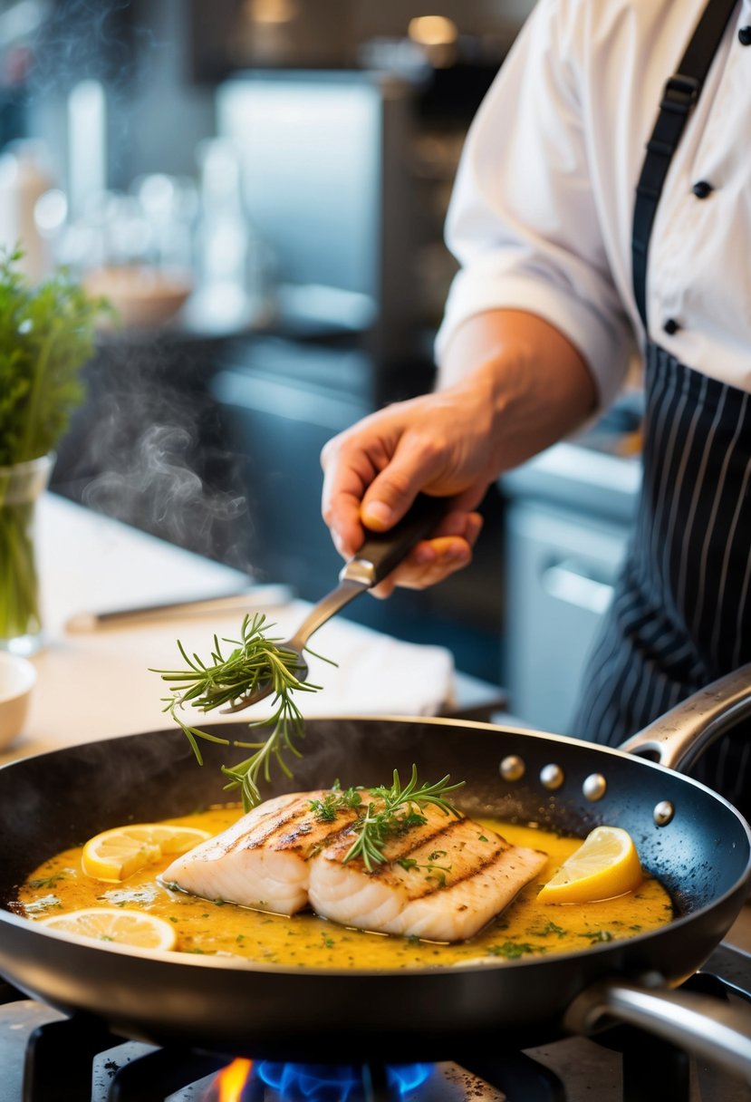 A chef grilling halibut with fresh herbs and lemon slices on a sizzling hot pan