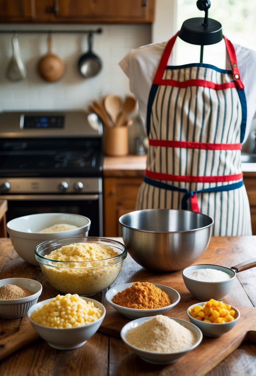 A rustic kitchen with a vintage apron, a mixing bowl, and various ingredients laid out for making Southern Cornbread Dressing