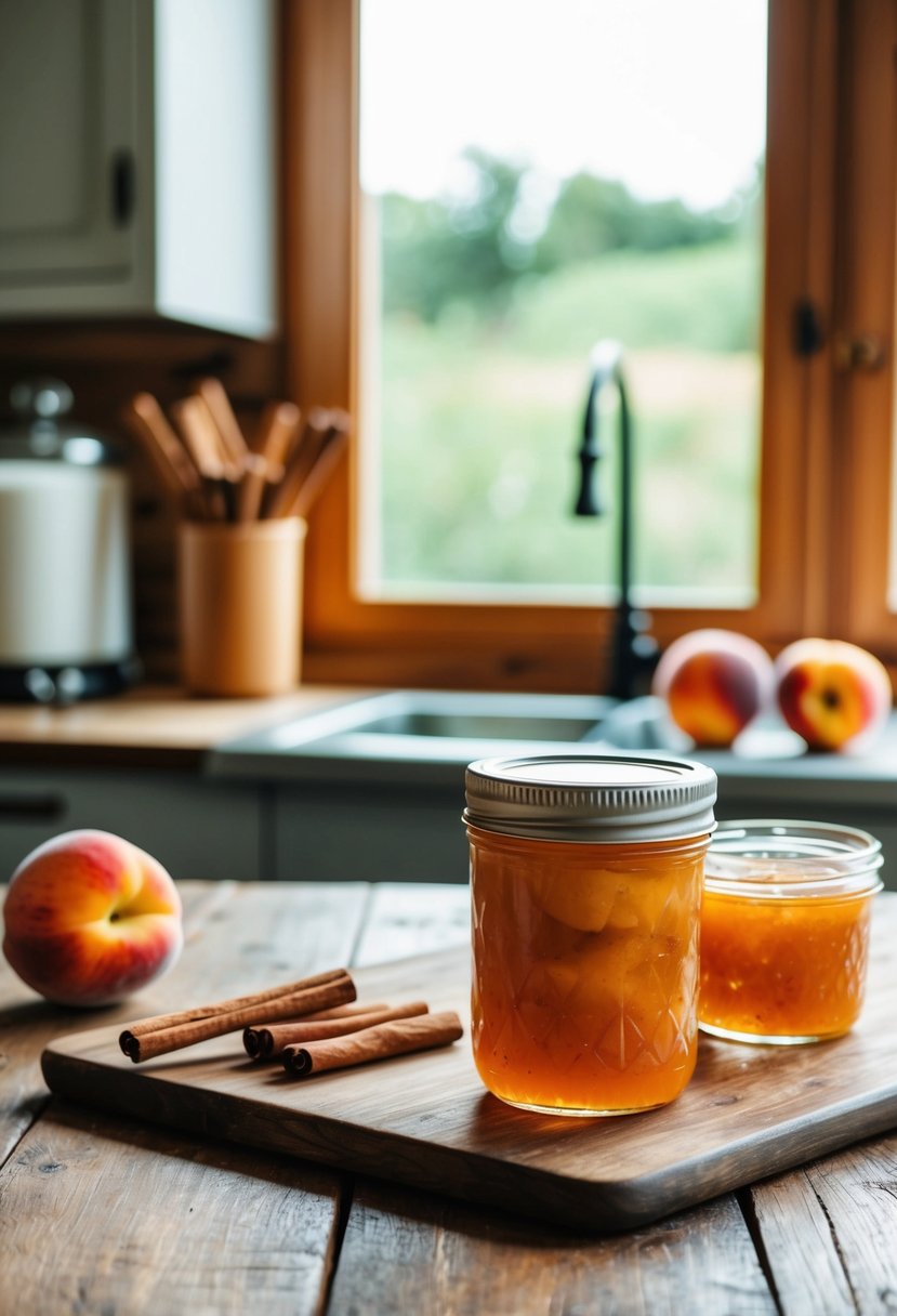 A rustic kitchen table with fresh peaches, cinnamon sticks, and jars of homemade spiced peach jam