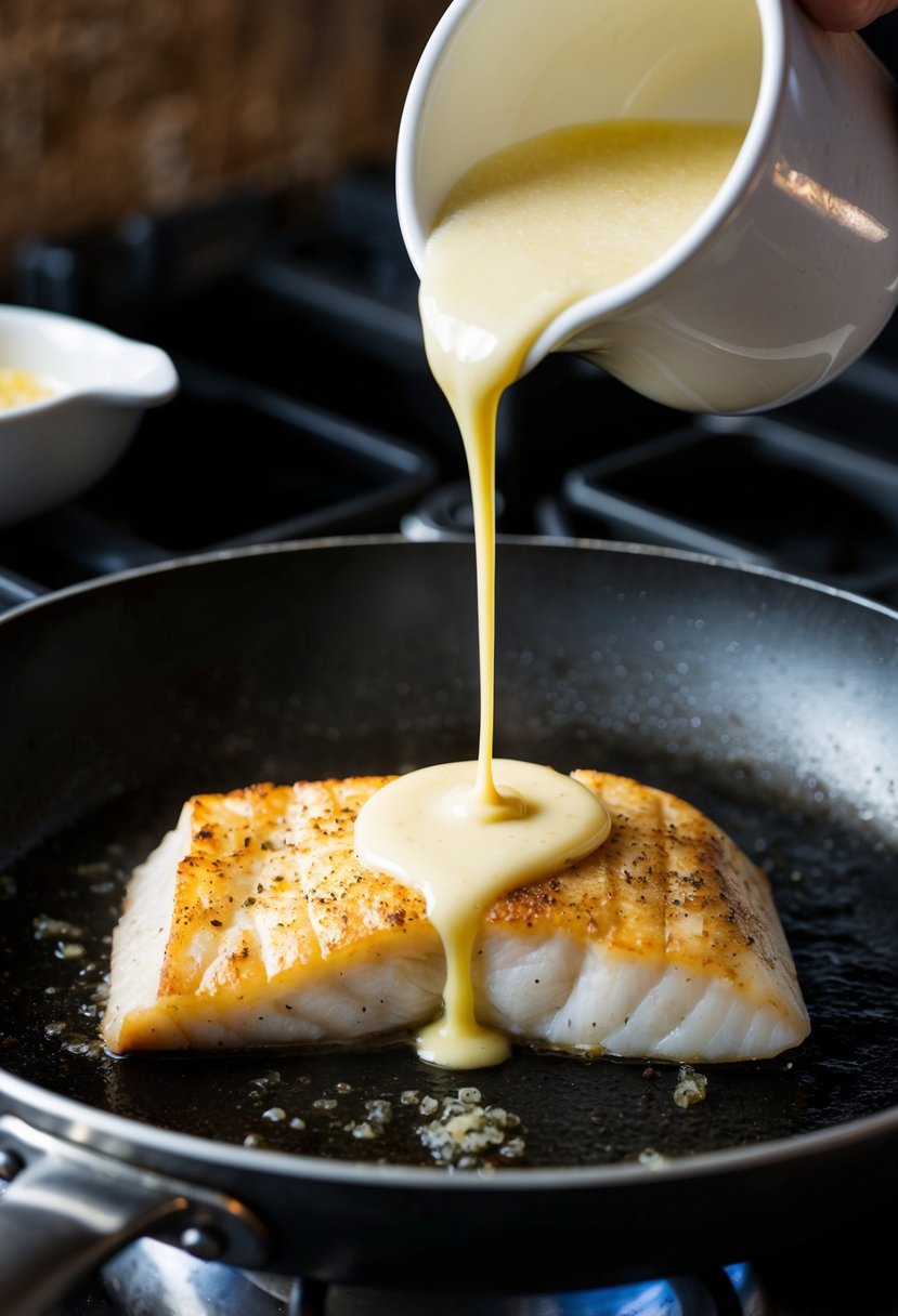 A sizzling halibut fillet being seared in a hot pan, with a drizzle of lemon butter sauce being poured over it