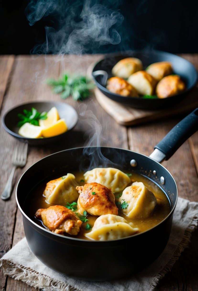 A steaming pot of chicken and dumplings on a rustic wooden table