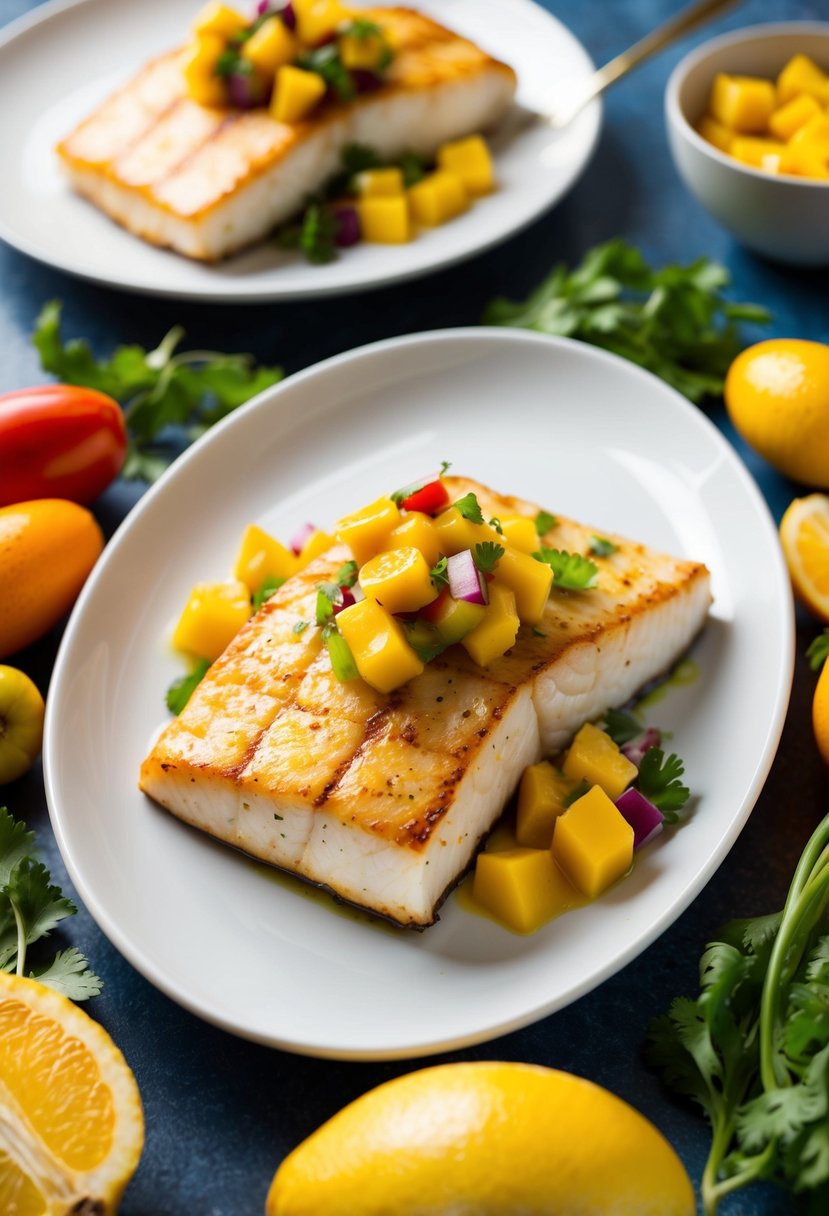 A golden grilled halibut fillet topped with vibrant mango salsa on a white plate, surrounded by colorful fruits and vegetables