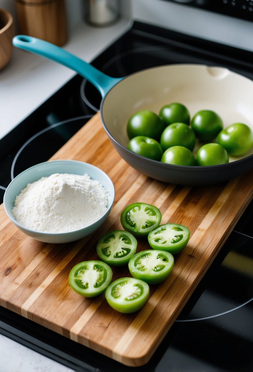 A wooden cutting board holds sliced green tomatoes, a bowl of flour, and a skillet on a stovetop