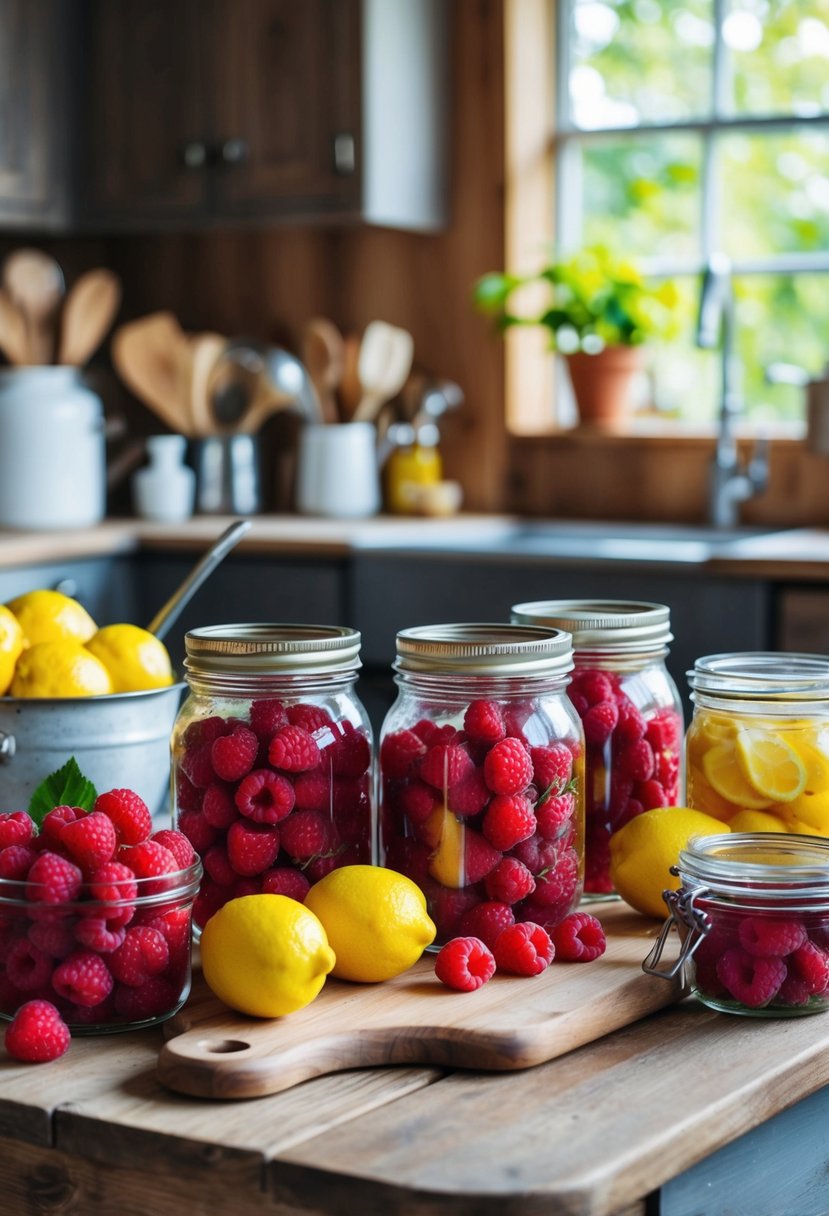 A rustic kitchen with fresh raspberries and lemons on a wooden table, surrounded by canning jars and utensils